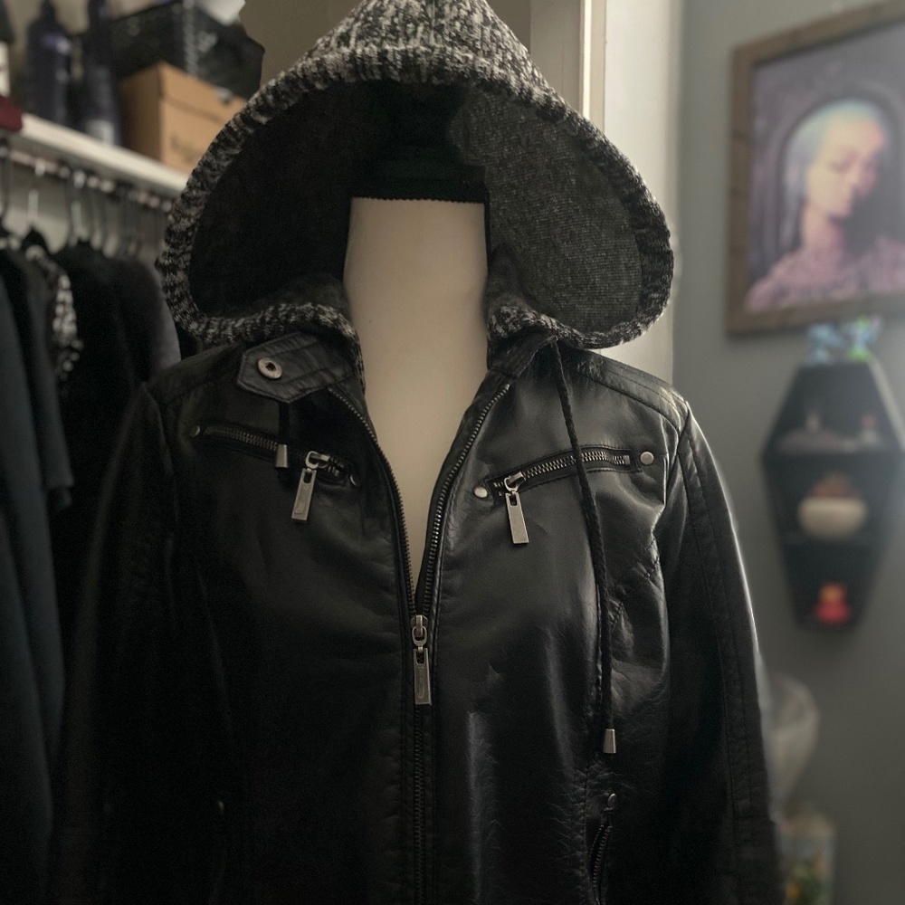 Black Faux Leather Jacket with Gray Attachable Hoodie